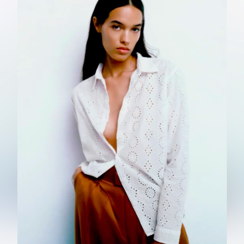 Zara EMBROIDERED EYELET BLOUSE